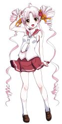  1girl :d ahoge arm_up brown_shoes buttons contrapposto drill_hair fang full_body hair_ornament hair_ribbon highres kneehighs loafers long_hair miniskirt necktie official_alternate_costume official_art onikko_hunter_tsuina-chan oohenri_saki open_mouth orange_eyes orange_ribbon parted_bangs pink_hair pleated_skirt red_sailor_collar red_skirt ribbon sailor_collar school_uniform second-party_source shirt shoes skin_fang skirt sleeveless sleeveless_shirt smile socks solo standing tie_clip transparent_background tsuina-chan twin_drills v v_over_head very_long_hair voiceroid white_necktie white_shirt white_socks 