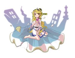  1girl alphes_(style) barefoot between_legs black_hairband blonde_hair blush breasts clam_shell_ornament collarbone commentary_request dairi defeat dress fossilized_wonders frilled_sleeves frills full_body hairband hand_between_legs hand_on_own_chest highres large_variant_set long_hair medium_breasts parody side_slit solo style_parody tachi-e torn_clothes touhou transparent_background variant_set very_long_hair watari_nina wavy_hair white_dress wide_sleeves 