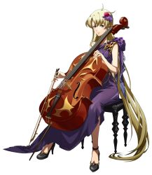 1girl black_shoes blonde_hair bow_(music) cello closed_mouth dress dress_shoes evening_gown flower formal_clothes full_body game_cg gem gown hair_between_eyes hair_flower hair_ornament hair_ribbon high_heels highres holding holding_bow_(music) holding_instrument instrument langrisser langrisser_ii langrisser_mobile long_dress long_hair long_sidelocks looking_at_viewer official_alternate_costume official_art on_stool orange_eyes pearl_(gemstone) purple_dress purple_ribbon rana_(langrisser) red_flower red_rose ribbon rose second-party_source shoes sidelocks simple_background single_bare_shoulder sitting sleeveless solo stool tachi-e transparent_background variant_set very_long_hair 