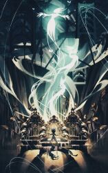  arthropod_girl black_hair black_skin bug butterfly colored_skin commission corvus_noctis dress floating floating_hair from_behind ghost grey_dress highres hollow_knight hollow_knight:_silksong in-universe_location instrument mask music organ_(instrument) phantom_(hollow_knight) piano_bench pipe_organ playing_instrument playing_piano standing unworn_mask wavy_hair weapon white_mask wraith_(hollow_knight) 