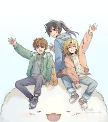  1boy 2girls absurdres animal biyoo_(omniscient_reader's_viewpoint) black_eyes blonde_hair blue_jacket bob_cut brown_hair cardigan criteria full_body green_jacket grin high_ponytail highres hood hood_down jacket knees_apart_feet_together lee_gilyoung lee_jihye looking_at_viewer looking_back multiple_girls omniscient_reader's_viewpoint open_clothes open_jacket outstretched_arm oversized_animal pink_cardigan ponytail shin_yoosung shirt sitting smile waving white_shirt wind 