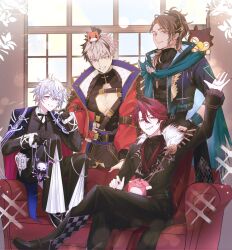  4boys absurdres animal_on_shoulder belt bird bird_on_shoulder black_bow black_bowtie black_gloves black_jacket black_pants black_shirt bow bowtie braid brown_hair bubby_(goldbullet) cape chest_belt cleavage_cutout clothing_cutout coat coat_on_shoulders collared_jacket compression_shirt couch creature creature_on_head creature_on_lap crimzon_ruze crossed_legs ear_piercing earrings frilled_pants frilled_sleeves frills fur-trimmed_jacket fur_trim gloves goldbullet green_cape green_scarf grin hand_on_own_hip high_collar highres holoarmis holostars holostars_english indoors jacket jewelry jurard_t_rexford large_pectorals lens_flare light_particles long_hair male_focus multicolored_hair multiple_belts multiple_boys multiple_braids necklace octavio on_couch pants pectoral_cleavage pectorals pencil_in_hair piercing pink_eyes ponytail poppet_(octavio) puppet_strings red_coat red_eyes red_hair ruzader_(crimzon_ruze) saaki_haruno scarf sharp_teeth shirt short_hair sitting smile sorawrity_(jurard_t_rexford) sprout sprout_on_head teeth tri_braids two-tone_hair violet_eyes virtual_youtuber waving waving_arm white_hair window 