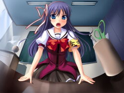  1girl armband black_hair blue_eyes blush bow bowtie breasts ceiling chalkboard cowboy_shot desk fisheye from_below fumizuki_yukari game_cg globe grey_skirt hair_between_eyes hair_ribbon hands_on_table hara_hara!! indoors large_breasts leaning_forward locker long_hair looking_at_viewer miniskirt open_hands open_mouth pen pink_ribbon pleated_skirt puffy_short_sleeves puffy_sleeves purple_serafuku red_bow ribbon ruler safety_pin sailor_collar school_uniform scissors serafuku short_sleeves skirt solo standing straight_hair suzumiya_natsuki third-party_source variant_set white_sailor_collar wince window yellow_armband 