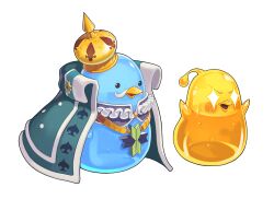  arms_up bird black_eyes blush cape collar collared_cape commentary_request crown facial_hair frilled_collar frills gold_crown gold_necklace green_cape jewelry korean_commentary monster monster_focus mustache neck_ruff necklace nexon official_art open_mouth purple_collar sang_ah_yoon simple_background slime_(creature) solid_circle_eyes spade_(shape) sparkling_eyes tales_weaver tilted_headwear v-shaped_eyebrows white_background white_facial_hair white_trim 