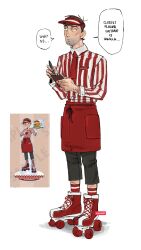  1boy aatom87 apron arm_hair beard_stubble black_pants brown_hair chilchuck_tims chilchuck_tims_(tallman) commentary dungeon_meshi employee_uniform english_commentary english_text facial_hair goatee highres holding holding_notepad holding_pen male_focus necktie notepad official_alternate_costume pants pen red_necktie red_socks reference_inset roller_skates shirt skates socks solo striped_clothes striped_shirt stubble visor_cap waist_apron 