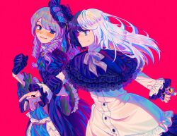  1boy 1girl androgynous black_capelet black_gloves black_hair black_trim blue_dress blue_eyes blunt_bangs blunt_ends capelet couple crossdressing curly_hair dress fang floating_hair gloves grey_hair hetero highres husband_and_wife jiip_stomach kamen_rider kamen_rider_gavv_(series) korean_commentary liselle_jaldak lolita_fashion long_hair max_(2n4_6h8) multicolored_hair open_mouth pink_background split-color_hair sweatdrop tokusatsu trap white_dress white_hair 