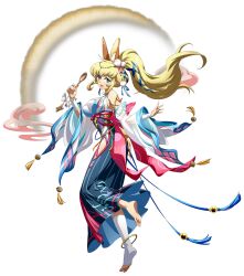  1girl :d animal_ears anklet armlet bare_shoulders bell blonde_hair blue_eyes blue_hakama blue_ribbon blue_trim bracelet breasts clothing_cutout corset detached_sleeves extra_ears feet floating_clothes floating_hair fog fox_ears from_side full_body game_cg gold_anklet gold_armlet gold_bracelet gold_headwear hair_between_eyes hair_ornament hair_ribbon hair_tie hakama head_chain high_ponytail highres hip_vent holding holding_spoon japanese_clothes jewelry jingle_bell langrisser langrisser_mobile large_breasts large_ribbon leg_up long_hair looking_at_viewer looking_to_the_side official_alternate_costume official_art open_mouth pink_ribbon pom_pom_(clothes) pom_pom_hair_ornament ponytail rainbow ribbon rozalia_(langrisser) second-party_source see-through_clothes see-through_sleeves sidelocks simple_background single_sock sleeve_bell smile socks soles solo spoon standing standing_on_one_leg tachi-e tassel toeless_socks toes transparent_background very_long_hair waist_ribbon white_sleeves white_socks wide_sleeves wrist_wrap 