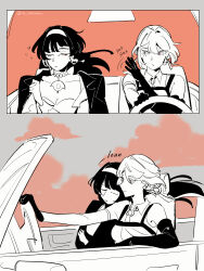  2girls astra_yao atram car clouds collared_shirt commentary dress driving elbow_gloves english_commentary evelyn_chevalier gloves hairband head_on_another's_shoulder highres jacket long_hair motor_vehicle multiple_girls parted_lips partially_colored shirt sleepy smile steering_wheel violet_eyes yuri zenless_zone_zero 