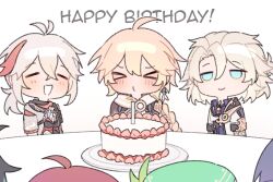  >_< 6+boys aether_(genshin_impact) ahoge albedo_(genshin_impact) antenna_hair aqua_hat armor bandaged_hand bandages belt beret birthday birthday_cake black_belt black_gloves black_hair black_scarf black_shirt blonde_hair blue_eyes blue_hair blush braid brown_shirt cake candle closed_eyes closed_mouth cloud_print collared_shirt crossed_bangs earrings empty_eyes english_commentary english_text fingerless_gloves food fruit gem genshin_impact gloves hair_between_eyes half-closed_eyes hands_up happy_birthday hat hat_ornament highres hood hoodie icing japanese_clothes jewelry kaedehara_kazuha kyou_0120 leaf_hat_ornament long_hair low-braided_long_hair low-tied_long_hair low_ponytail male_focus multicolored_hair multiple_boys open_clothes open_hoodie open_mouth orange_gemstone own_hands_together plate ponytail purple_hair purple_shirt red_hair scaramouche_(genshin_impact) scarf shikanoin_heizou shirt short_hair short_ponytail short_sleeves shoulder_armor sidelocks simple_background single_braid single_earring smile standing strawberry streaked_hair table two-tone_shirt venti_(genshin_impact) vision_(genshin_impact) white_background white_hair white_hoodie white_scarf white_shirt xiao_(genshin_impact) 