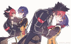  1boy 1girl animal_ear_fluff animal_ear_piercing animal_ears bandaged_arm bandages beizi_(clothing) belle_(delicate_sunlight)_(zenless_zone_zero) belle_(zenless_zone_zero) black_gloves black_hair black_jacket blue_hair blush brown_pants ccxvi_201116 chinese_clothes closed_eyes closed_mouth collar collarbone commentary_request crossed_bangs dog_boy dog_ears dog_tail dress dress_over_shirt earrings english_commentary eye_contact fingerless_gloves from_side gloves green_eyes hair_between_eyes hair_ornament hand_on_another's_back hand_on_another's_face hetero highres jacket jewelry kiss komano_manato letter_hair_ornament looking_at_another mixed-language_commentary multicolored_hair multiple_views muscular muscular_male necklace official_alternate_costume orange_dress pants pantyhose red_bandage red_eyes red_hair shirt short_hair simple_background sitting sitting_on_lap sitting_on_person smile sound_effects spiked_jacket tail thigh_strap twitter_username upper_body white_background white_pantyhose white_shirt zenless_zone_zero 