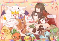  1boy 1girl animal bare_arms bee blue_bow bomb_(final_fantasy) bow box brown_eyes bug cait_sith_(final_fantasy) cape cat chocobo clawed_gauntlets cloak creature crop_top crown final_fantasy final_fantasy_vii gift gift_box gloves green_shirt grey_shorts grin hair_between_eyes happy_birthday headband highres holding holding_gift long_hair midriff mini_crown moogle msa_mne red_cape red_cloak red_eyes red_headband red_xiii sabotender scar scar_across_eye scar_on_face shirt short_hair shorts smile teeth tonberry tuxedo_cat upper_body v vincent_valentine white_gloves yuffie_kisaragi 