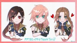  3girls :3 adjusting_clothes adjusting_gloves aerith_gainsborough aerith_gainsborough_(guardian_corps_uniform) aqua_eyes armband black_armband blush border braid breasts brown_hair brown_sweater commentary copyright_name cosplay cropped_torso crossed_arms elbow_gloves final_fantasy final_fantasy_vii final_fantasy_vii:_ever_crisis final_fantasy_xiii fingerless_gloves gloves gradient_hair green_eyes hair_between_eyes hair_over_shoulder hands_on_own_cheeks hands_on_own_face jewelry light_frown light_smile lightning_farron lightning_farron_(cosplay) long_hair low-tied_long_hair lux_spei medium_breasts multicolored_hair multiple_girls necklace no_nose official_alternate_costume parted_bangs pink_border pink_hair red_eyes single_bare_shoulder single_braid single_elbow_glove single_shoulder_pad smile sweater symbol-only_commentary tifa_lockhart tifa_lockhart_(guardian_corps_uniform) turtleneck turtleneck_sweater twitter_username vest white_background white_vest 