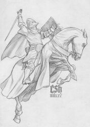 1boy absurdres armor armored_boots boots cape christian_sloan_hall cola_di_rienzo commentary gauntlets graphite_(medium) helmet highres holding holding_reins holding_shield holding_sword holding_weapon horse horseback_riding knight monochrome raise_sword rearing reins riding saddle shield solo stirrups_(riding) sword traditional_media weapon 