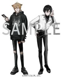 2boys ahoge arm_at_side belt belt_buckle belt_collar black-framed_eyewear black_belt black_collar black_hair black_hoodie black_nails black_pants black_shirt black_shoes brown_hair buckle candy cellphone chain chain_bracelet chain_necklace closed_mouth collar collared_shirt copyright_notice crossed_bangs ear_piercing eyeshadow food full_body fushimi_gaku glasses hair_between_eyes hair_flaps hair_ornament hairclip hand_on_own_ear hand_on_own_hip holding holding_candy holding_food holding_lollipop holding_phone hood hood_down hoodie jewelry layered_sleeves leaning_forward lollipop long_sleeves looking_at_viewer low_ponytail makeup male_focus mole mole_under_eye multicolored_hair multiple_boys multiple_rings nail_polish necklace nijisanji official_art orange_hair pants partially_unbuttoned phone piercing ponytail print_hoodie punk red_eyeshadow ring sample_watermark shikinagi_akira shirt shirt_tucked_in shoes short_hair side-by-side simple_background sleeves_past_wrists smartphone smile sneakers st31010 standing streaked_hair thumb_ring torn_clothes torn_pants turtleneck turtleneck_shirt undershirt violet_eyes virtual_youtuber wallet_chain watermark white_background white_shirt wrist_belt yellow_eyes 