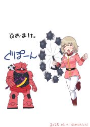  1boy 1girl :o axe boots breasts brown_boots closed_eyes commentary_request cosplay dated dungeon_meshi falin_touden falin_touden_(tallman) gundam highres holding holding_axe jacket mecha medium_breasts medium_hair mobile_suit_gundam mochi-iri_kinchaku open_mouth pants pink_jacket robot sayla_mass senshi_(dungeon_meshi) senshi_(dungeon_meshi)_(cosplay) standing standing_on_one_leg translation_request twitter_username white_pants zaku_ii zeon 
