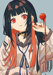  1girl belt_collar black_choker black_hair blue_background blue_ribbon blunt_bangs blunt_ends blunt_sidelocks breast_pocket candy choker collar colored_inner_hair commentary_request dot_nose earrings english_commentary film_grain food hand_up head_tilt highres holding holding_candy holding_food holding_lollipop hood hood_down hoodie jewelry lollipop long_hair long_sleeves loose_neck_ribbon melting mixed-language_commentary multicolored_hair neck_ribbon open_mouth original pocket red_eyes red_hair red_nails red_pupils ribbon sidelocks simple_background solo tsukii_(t_s_u_k_i_i) two-tone_hair upper_body white_hoodie 