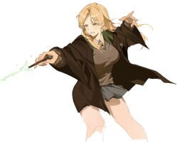  1girl black_robe black_skirt blonde_hair breasts chinese_commentary clenched_teeth commentary_request earrings genderswap genderswap_(mtf) green_eyes green_necktie grey_shirt grey_sweater harry_potter_(series) highres hogwarts_school_uniform holding holding_wand hoop_earrings jewelry large_breasts long_hair malfoid necktie robe school_uniform shirt siguma_(13238772100) skirt solo sweater teeth wand white_background wizarding_world 