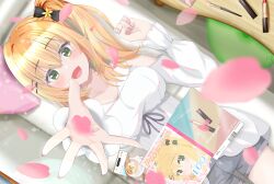  1girl :d absurdres black_bow blush book bow breasts casual cherry_blossoms clothing_cutout collarbone commentary_request cosmetics cowboy_shot dutch_angle falling_petals fingernails frilled_sleeves frills from_above fudao_illust green_eyes grey_shorts hair_between_eyes hair_bow hamidashi_creative hand_up highres large_breasts lipgloss lipstick_tube long_hair long_sleeves looking_at_viewer looking_up lying on_back on_bed open_book open_mouth orange_hair outstretched_hand petals reaching reaching_towards_viewer ryuukan_ameri shirt shorts shoulder_cutout side_ponytail sidelocks signature single_bare_shoulder smile solo white_shirt 