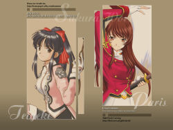  1990s_(style) 2girls aizawa_kotarou arm_up artist_collaboration artist_name bad_id black_hair black_pants bow breasts brown_background brown_eyes brown_hair buttons closed_mouth double-breasted erica_fontaine fingerless_gloves french_text gloves gun hair_bow hana_(hana_mo_arashi_mo) high_ponytail holding holding_gun holding_sword holding_weapon jacket katana long_hair looking_at_viewer medium_breasts multiple_girls pants pink_jacket ponytail red_bow red_jacket retro_artstyle sakura_taisen sakura_taisen_iii sakura_taisen_iv shinguuji_sakura shirt smile sword upper_body weapon web_address white_gloves white_pants white_shirt 