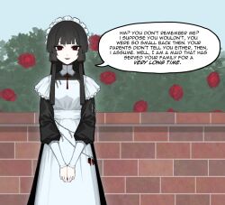 1girl apron black_dress black_eyes black_hair black_mouth blue_background brick_wall bush dress english_text flower highres light_smile long_dress long_sidelocks long_sleeves looking_at_viewer maid maid_apron maid_headdress original own_hands_together red_flower red_pupils red_rose rose rose_bush sidelocks speech_bubble tsu_(lovesick1964) white_apron white_headdress 