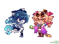  2girls alt_text artist_name bag bangle black_boots blue_bow blue_eyes blue_hair blue_skirt blush boots bow bracelet chibi chipsartyipee coat dated debt dress drill_hair earrings eyewear_on_head floating_hair giving grey_hoodie hair_between_eyes hair_bow handbag hat hat_bow highres holding holding_money hood hoodie jewelry long_hair looking_at_another mini_hat mini_top_hat money multiple_girls necklace open_mouth pendant purple_coat ribbon round_eyewear short_sleeves siblings sisters skirt smile stuffed_animal stuffed_cat stuffed_toy sunglasses top_hat touhou twin_drills twitter_username unkempt very_long_hair white_background yellow_bag yorigami_jo'on yorigami_shion 