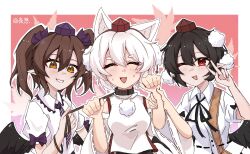  3girls :3 ^_^ animal_collar animal_ear_fluff animal_ears arm_up belt bird_girl bird_wings black_belt black_bow black_collar black_hair black_ribbon border bow bracelet breasts brown_eyes brown_hair brown_hat brown_shirt chinese_commentary closed_eyes collar commentary_request detached_sleeves double-parted_bangs fang grin hair_between_eyes hair_bow hat himekaidou_hatate holding_another's_arm inubashiri_momiji jewelry large_breasts leaf leaf_background leash leash_pull light_blush long_sleeves looking_at_viewer maple_leaf medium_hair multiple_girls neck_ribbon necktie nervous_smile one_eye_closed open_mouth outline paw_pose pink_background pointy_ears pom_pom_(clothes) purple_bow purple_hat purple_necktie red_eyes red_hat ribbon shameimaru_aya shirt short_hair short_sleeves single_vertical_stripe sleeve_bow smile striped_clothes striped_necktie sweatdrop tengu_family_of_gensokyo_(touhou) tokin_hat touhou twintails twitter_username upper_body v white_border white_hair white_necktie white_outline white_shirt wide_sleeves wings wolf_ears wolf_girl ye_xiang_(pixiv_108357393) 