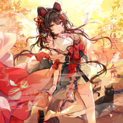  1girl absurdres album_cover animal animal_ears autumn bell black_cat black_hair black_sandals blurry bokeh bow bowtie breasts bug building butterfly cat closed_mouth clouds collar commentary copyright_name cover day depth_of_field dog_ears dog_girl dog_hair_ornament dog_tail falling_leaves fog hair_between_eyes hair_intakes hair_ornament hair_ribbon hair_spread_out heterochromia highres hutuu_(1121) inui_toko japanese_clothes kimono leaf long_hair looking_at_viewer low_twintails medium_breasts neck_bell nijisanji obi off_shoulder official_alternate_costume official_art outdoors red_bow red_bowtie red_collar red_eyes red_kimono red_nails red_ribbon ribbon sandals sash short_kimono sky smile solo song_name standing standing_on_one_leg swept_bangs tail thigh-highs twintails virtual_youtuber white_kimono white_thighhighs wide_sleeves wrist_ribbon yellow_eyes yellow_sky 