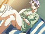  animated animated_gif blue_eyes breasts cleavage couch crossed_legs gif green_(game) large_breasts lowres purple_hair robe short_hair sitting takahashi_kanako 