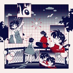  1boy 1girl black_pants black_shoes braid breasts briefcase chain-link_fence collared_shirt commentary_request fence hair_between_eyes highres holding holding_briefcase long_hair mary_janes medium_breasts monochrome on_fence open_mouth pants parted_bangs parted_lips pointing pointing_up ranma_1/2 red_shirt saotome_ranma shirt shirt_under_dress shoes short_hair single_braid sitting sitting_on_fence siyer socks tendou_akane white_socks 
