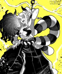  1girl artist_name commentary cowboy_shot cuffs earrings greyscale_with_colored_background hair_ornament hakama handcuffs highres holding holding_weapon horns japanese_clothes jewelry kimono looking_at_viewer one_piece open_mouth ponytail rope shimenawa sidelocks simple_background sleeveless sleeveless_kimono smile solo taku_(aywakutakuay) weapon yamato_(one_piece) yellow_background 