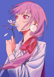  1girl bow colored_eyelashes commentary_request covered_mouth eyelashes falling_petals floating_hair flower hand_up highres holding holding_flower long_hair long_sleeves low_ponytail original petals pink_eyes pink_hair pink_pupils ponytail purple_background red_bow shirt simple_background solo tsukii_(t_s_u_k_i_i) upper_body white_flower white_petals white_shirt wind 