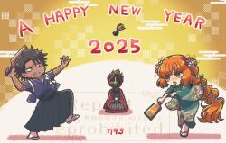 1boy 1girl 1other 2025 793_(oo793oo) black_hakama black_kimono brown_hair clenched_teeth clock commentary_request dante_(limbus_company) dark-skinned_male dark_skin fire flower green_kimono hagoita hair_flower hair_ornament hakama hane_(hanetsuki) hanetsuki haori heathcliff_(project_moon) holding holding_paddle ishmael_(project_moon) japanese_clothes kimono limbus_company long_hair new_year object_head orange_hair paddle pink_flower project_moon red_haori teeth very_long_hair violet_eyes wide_sleeves 