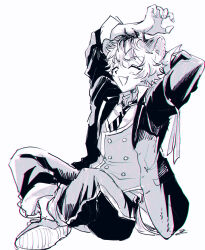  1boy 7skk absurdres arms_behind_head closed_eyes commentary_request fang full_body greyscale highres hyena_boy hyena_ears hyena_tail indian_style male_focus monochrome night_raven_college_school_uniform ruggie_bucchi school_uniform short_hair simple_background sitting solo twisted_wonderland vest white_background 