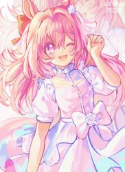  absurdres animal_ears blush bow camellia_(camel_mal) dress flower-shaped_pupils flower_in_eye haru_urara_(umamusume) highres horse_ears horse_girl horse_tail long_hair looking_at_viewer one_eye_closed open_mouth pink_eyes pink_hair short_sleeves smile symbol-shaped_pupils symbol_in_eye tail umamusume white_bow white_dress 