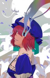  1girl absurdres blue_hat blue_kimono breasts frilled_kimono frills grin hat highres japanese_clothes kimono looking_at_viewer medium_breasts mob_cap onionmay pink_eyes pink_hair saigyouji_yuyuko short_hair sleeve_garter smile solo touhou triangular_headpiece upper_body 