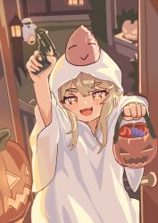  1girl absurdres blonde_hair blush blush_stickers candy commentary_request dochsaechi erpin_(trickcal) fangs food ghost_costume gun halloween halloween_bucket highres holding holding_halloween_bucket jack-o'-lantern korean_commentary long_hair looking_at_another open_mouth pumpkin red_eyes revolver smile solo star-shaped_pupils star_(symbol) symbol-shaped_pupils trick_or_treat trickcal weapon 
