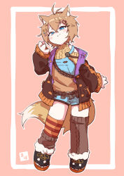  1boy absurdres animal_ears antenna_hair blue_eyes commentary_request fox_boy fox_ears fox_tail hair_ornament hand_up highres indie_virtual_youtuber jacket mabo9317 open_clothes open_jacket overall_shorts overalls panky_(vtuber) simple_background smug sweater tail trap virtual_youtuber x_hair_ornament 