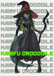  1girl absurdres beastiez black_dress black_hat colored_inner_hair colored_sclera crocodile_girl crocodilian_tail dress full_body green_hair green_scales green_streaks hat highres kairyu_crocodile long_hair looking_at_viewer mage_staff multicolored_hair open_mouth pointy_ears red_eyes solo staff streaked_hair tail virtual_youtuber witch_hat xarakura_xara yellow_sclera 