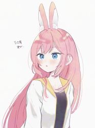  1girl animal_ears aubrey_(faraway)_(omori) aubrey_(omori) blue_eyes blush collarbone commentary haruyama_sub highres jacket kemonomimi_mode long_hair long_sleeves omori open_clothes open_jacket parted_lips pink_hair rabbit_ears rabbit_girl sidelocks simple_background solo translation_request untranslatable_commentary upper_body white_background white_jacket 