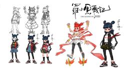  black_eyes black_hair black_leggings camouflage camouflage_shorts chakram commentary_request concept_art copyright_logo copyright_name double_bun earrings extra_arms hair_bun highres jacket jewelry leggings leggings_under_shorts lineart logo nezha_(the_legend_of_luo_xiaohei) official_art print_shirt red_eyes red_hair shirt shoes shorts simple_background the_legend_of_luo_xiaohei weapon white_background 