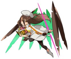  1girl book boots brown_hair coat commentary_request floating_hair full_body hair_between_eyes haruyasai_(sanbunno) hat holding holding_book leggings long_hair_between_eyes lowres mechanical_wings official_alternate_color open_book open_mouth sekaiju_no_meikyuu sekaiju_no_meikyuu_3 simple_background smile solo star_(symbol) white_background white_boots white_coat white_hat wings yellow_eyes zodiac_(sekaiju) zodiac_2_(sekaiju) 