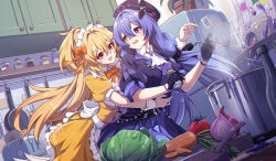  2girls absurdres apron arkria_hroptr beret black_gloves blue_dress blue_eyes blue_hair carrot chinese_commentary commentary_request commission cooking_pot dress gloves hat heterochromia highres holding_ladder honkai_(series) honkai_gakuen indoors jar karin_mered kitchen ladder lettuce maid maid_apron maid_headdress multiple_girls onion phantom_racher plant potted_plant refrigerator salt smile toaster violet_eyes yellow_dress yellow_eyes 