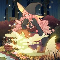  1girl absurdres artist_name basket blue_eyes book brooch cheumi cloak commentary corked_bottle dress english_commentary forest frills full_body glass_bottle gloves glowing hat highres holding holding_book holding_wand jewelry light_particles long_hair magic merfolk mermaid monster_girl nature necklace night open_book original outdoors pink_hair plaid_object shell sitting solo stream tree unworn_jewelry unworn_necklace wand wavy_hair wicker_basket witch witch_hat 