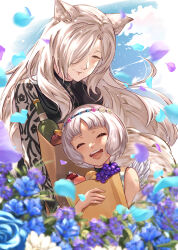  2girls absurdres angel_wings animal_ears bag blue_flower blue_rose blush bob_cut closed_eyes closed_mouth commentary dark-skinned_female dark_skin fabienne_(metaphor:_refantazio) feathered_wings field flower flower_field food fruit grey_hair hair_over_one_eye highres long_hair maria_(metaphor:_refantazio) metaphor:_refantazio mole mole_under_eye mother_and_child mother_and_daughter multiple_girls one_eye_covered open_mouth paper_bag parent_and_child petals purple_flower rose shopping_bag short_hair smile step-parent_and_step-child wanderstillart white_wings wings 