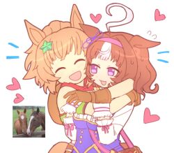  2girls ahoge animal_ears armband bandana bandeau bare_shoulders between_breasts blue_skirt blue_vest blush breasts brown_gloves brown_hair closed_eyes cowboy_hat double-parted_bangs ear_ribbon gloves green_armband green_bandeau hair_between_eyes hair_ornament hairband hat hat_on_back headband heart highres horse horse_ears horse_girl horse_tail hug large_breasts long_hair long_sleeves meisho_doto_(racehorse) meisho_doto_(turbulent_blue)_(umamusume) meisho_doto_(umamusume) multicolored_hair multiple_girls open_mouth photo_inset pink_hairband pink_headband pipiikki ponytail red_bandana shirt short_hair skirt smile star_(symbol) star_hair_ornament strap_between_breasts taiki_shuttle_(racehorse) taiki_shuttle_(umamusume) taiki_shuttle_(wild_frontier)_(umamusume) tail two-tone_hair umamusume vest violet_eyes white_gloves white_hair white_shirt 