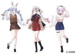 3girls :d ahoge animal_ears aran_sweater bare_shoulders beret black_boots black_collar black_shirt black_shoes blue_hair blue_sky boots braid brown_hat brown_skirt brown_sweater cable_knit carrot_hair_ornament cat_ears cat_girl cat_tail closed_mouth collar collared_shirt commentary_request dress food-themed_hair_ornament gradient_hair grey_hair hair_between_horns hair_ornament hand_up hat hololive horns jewelry lace-up_boots loafers long_hair long_sleeves looking_at_viewer miniskirt multicolored_hair multiple_girls nakiri_ayame necklace nekomata_okayu nima_(niru54) off-shoulder_sweater off_shoulder official_art oni open_mouth orange_eyes plaid_clothes plaid_skirt pleated_skirt purple_hair rabbit-shaped_pupils rabbit_ears rabbit_girl rabbit_tail red_dress red_eyes red_hair red_streaks shirt shoes short_dress short_eyebrows short_hair sidelocks simple_background skin-covered_horns skirt sky smile socks streaked_hair sweater sweater_tucked_in symbol-shaped_pupils tail thick_eyebrows thigh_strap twin_braids twintails two-tone_hair usada_pekora v-neck violet_eyes virtual_youtuber white_background white_hair white_shirt white_socks white_sweater 