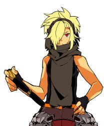  1boy armor bandana belt black_gloves blonde_hair commentary_request fingerless_gloves fingernails gloves hand_on_own_hip haruyasai_(sanbunno) holding holding_sword holding_weapon male_focus official_alternate_color orange_belt red_bandana red_eyes sekaiju_no_meikyuu sekaiju_no_meikyuu_3 short_hair simple_background sleeveless solo sword upper_body v-shaped_eyebrows warrior_(sekaiju) warrior_3_(sekaiju) weapon white_background 