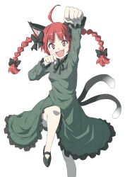  1girl :d ahoge animal_ear_fluff animal_ears arm_up black_bow black_ribbon blunt_bangs bow braid breasts cat_ears cat_tail clenched_hands dress fang foot_out_of_frame frilled_dress frilled_sleeves frills green_dress hair_bow highres inuno_rakugaki kaenbyou_rin leg_up long_hair long_sleeves looking_at_viewer mary_janes multiple_tails neck_ribbon nekomata no_socks open_mouth paw_pose red_eyes red_hair ribbon shoes simple_background slit_pupils smile solo standing tail twin_braids twintails two_tails white_background 