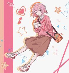  1girl :3 ankle_socks bag black_dog_(ckdfhd) blush brown_skirt commentary_request drop_shadow flower_hairclip food full_body gradient_shadow grey_shirt hair_ornament hairclip heart long_sleeves looking_at_viewer low_twintails medium_hair ootori_emu outline parallel_hairclips pink_eyes pink_hair pink_shoes pink_sweater project_sekai shirt shoes short_twintails shoulder_bag sidelocks simple_background skirt sneakers socks solo star_(symbol) star_symbol_background striped_background sweater taiyaki twintails v-neck wagashi white_background white_outline white_socks 