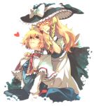  2girls alice_margatroid blonde_hair capelet closed_eyes green_eyes hairband hand_on_head hand_on_shoulder hat heart highres kirisame_marisa multiple_girls smile touhou tsukimoto_aoi witch_hat 